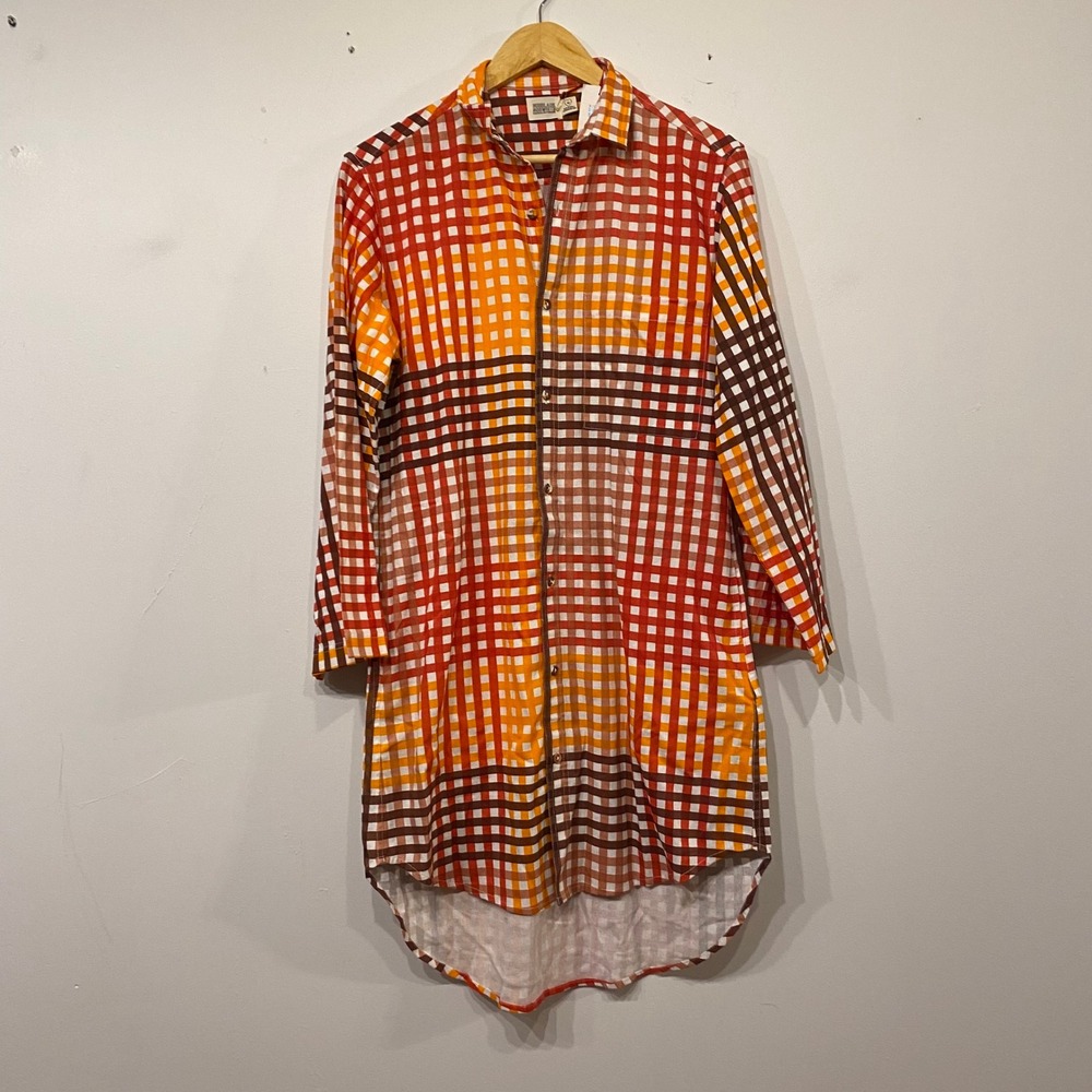 Norblack Norwhite Anthropologie Gingham Plaid High Low Shirt Dress Orange XS